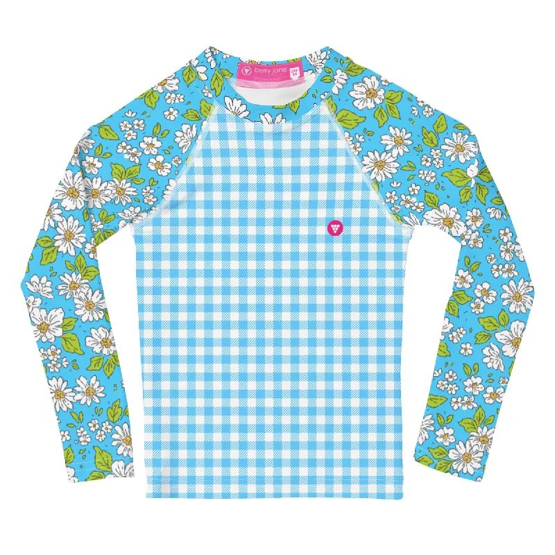 Baby Toddler UPF 50 Swim Shirt Rash Guard - Blue Gingham Floral Stylish Beachwear Set