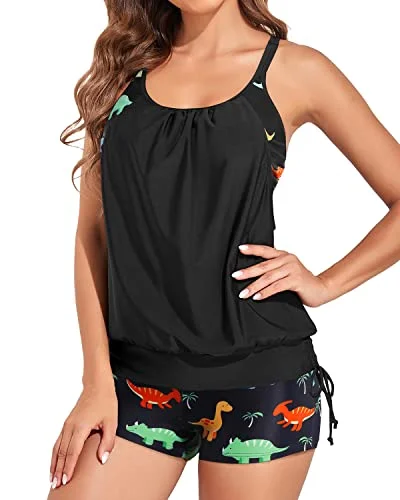 Blouson Tankini Swimsuit for Women Two Piece Tummy Control Bathing Suits Plunge Back Swimsuit