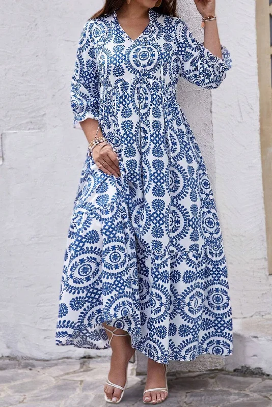 Blue Zone Planet |  Sky Blue Geometric Print Lace-up Notch Neck Plus Size Maxi Dress Trendy Off-Shoulder Ruffle Maxi Dress