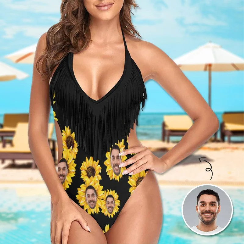 Custom Face Sunflower Black One Piece Fringe Swimsuit Personalized Women's Bathing Suit Floral Print Swimsuit