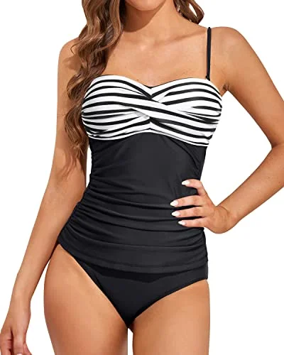 Fashionable Bandeau Tankini Sets For Beach Vacations-Black And White Stripe Modern High-Waisted Swimsuit