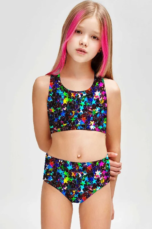 Fireworks Claire Glitter Two-Piece Swimsuit Sporty Swim Set - Girls Push-Up Bikini Bottoms