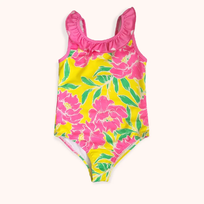 Girls 1-Pc. Ruffle Trim Swimsuit, Pink Peonies Floral Swimwear Set