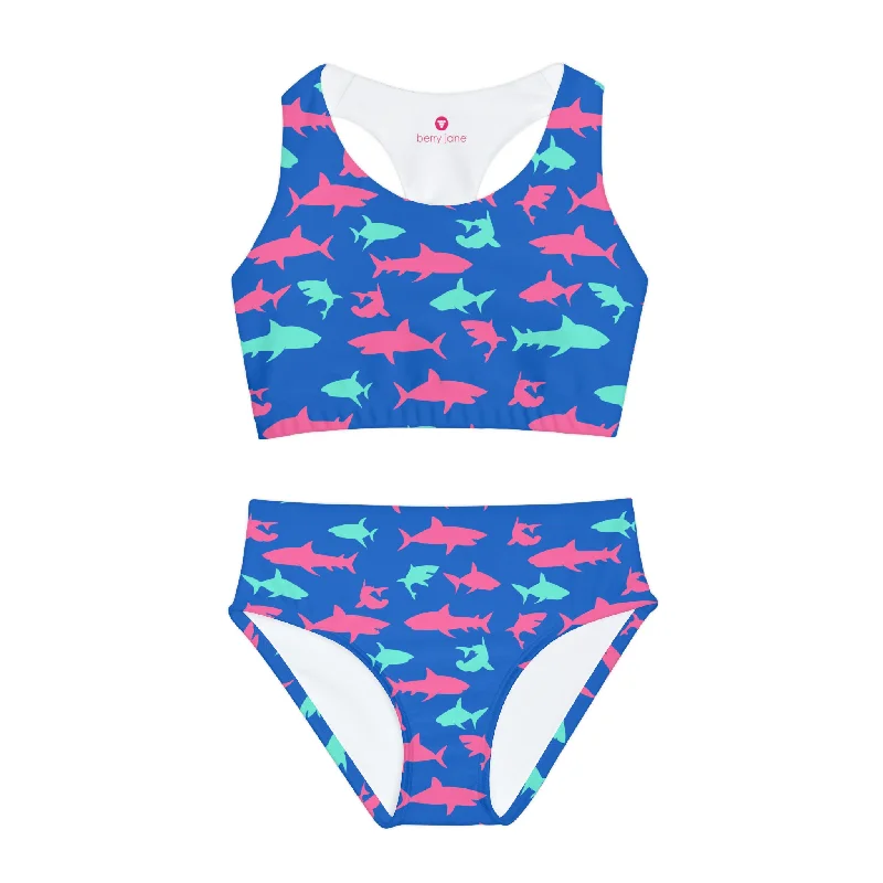 Girls Two Piece Swimsuit, Electric Blue Sharks Sexy Two-Piece Set