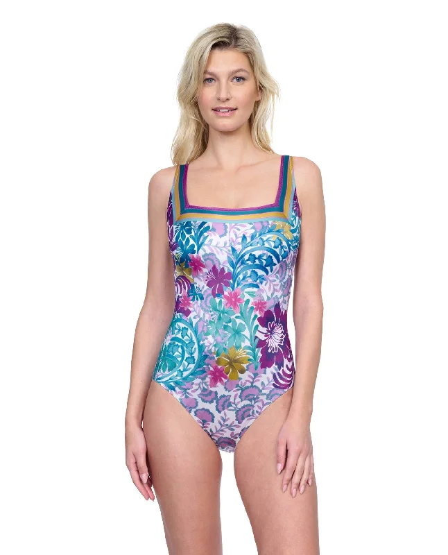 Gottex Bali Full Coverage Square Neck One Piece Swimsuit Trendy Swimwear Set