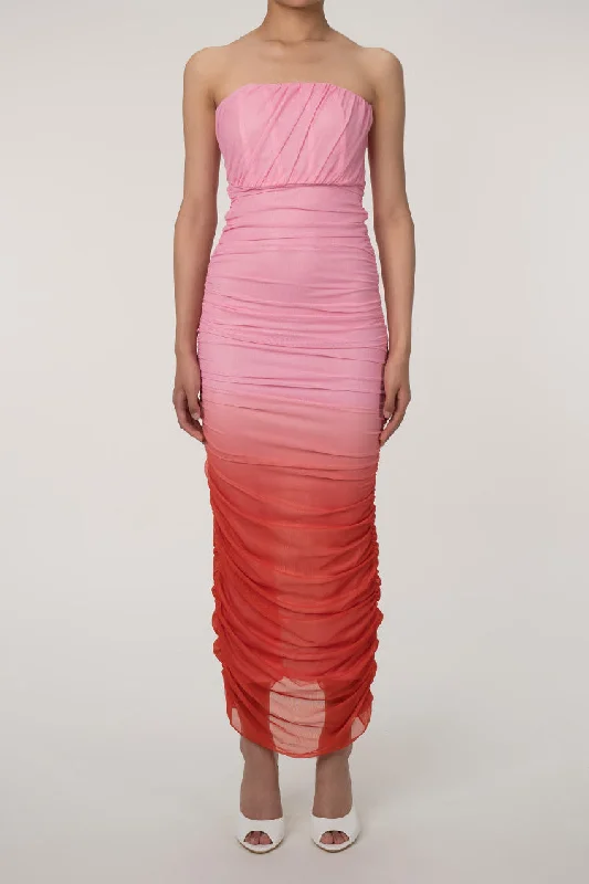 Gradient Strapless Mesh Ruched Bodycon Corset Evening Maxi Dress - Pink Trendy A-Line Maxi Dress