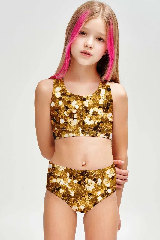 Haute Gold Claire Glitter Two-Piece Swimsuit Sporty Swim Set - Girls Luxury Swimsuit Style