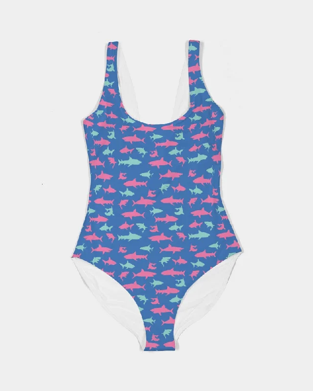 Women's One-Piece Swimsuit, Blue Sharks Print Sleek Mesh Bikini