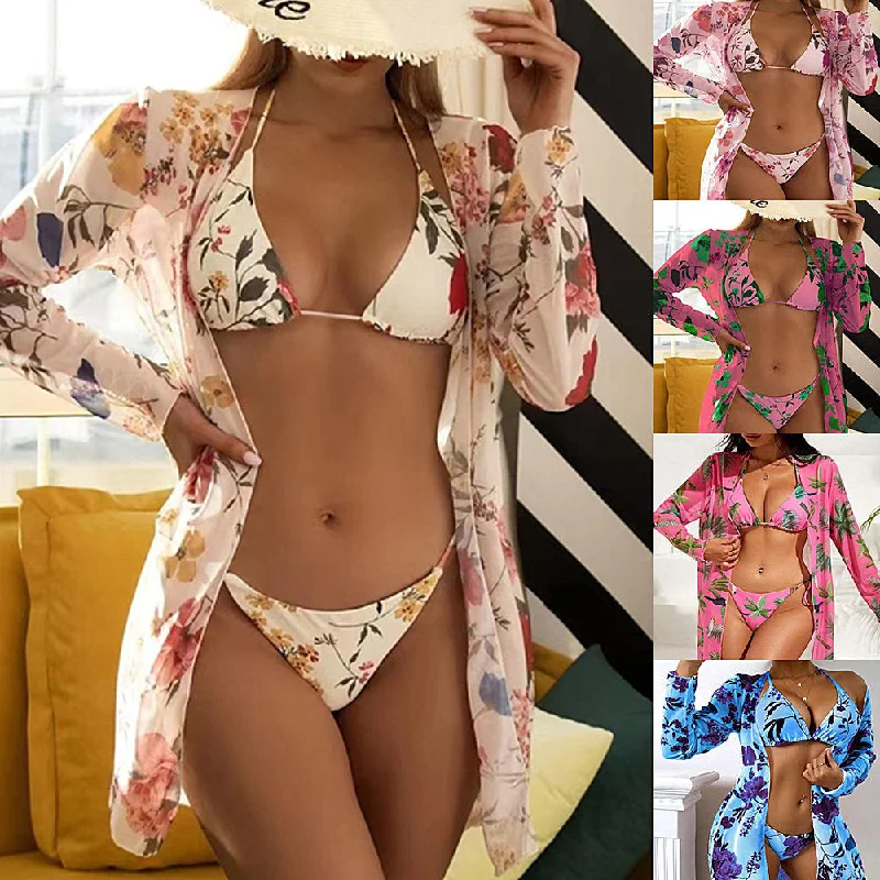 New Swimsuit Women's Printed Mesh Three-piece Blouse Trendy Swimsuit Bottoms