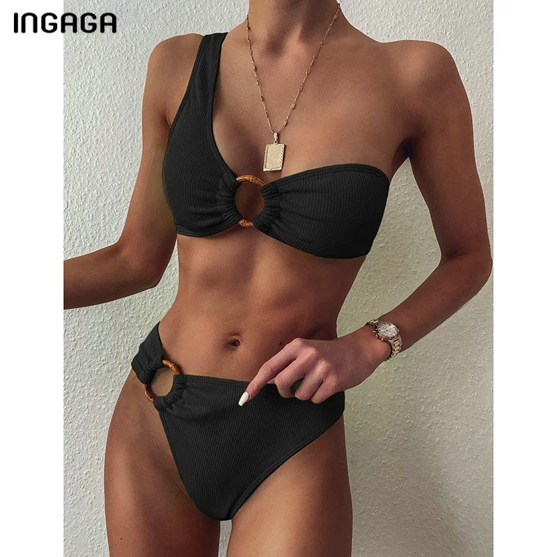 One Shoulder Bikinis Swimsuits High Waist Swimwear Women 2020 Black Bathing Suits Ring Beachwear Bold High-Cut Bikini