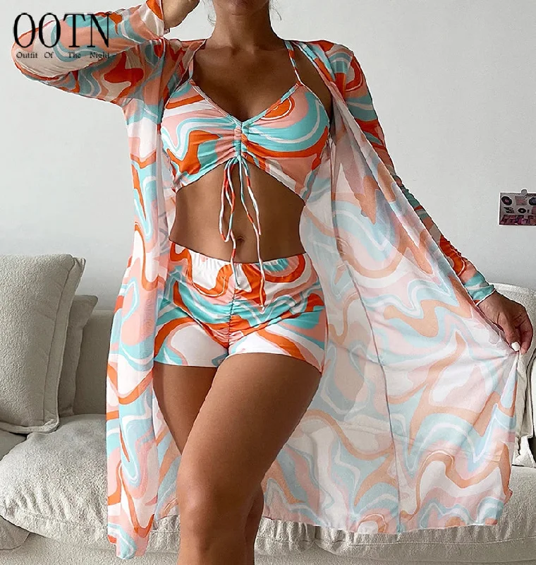 OOTN 2023 Summer Push Up Beach Bathing Suit Tropical High Waist Bikini three piece swim set Sexy Long Sleeve Cover Up Swimsuit Retro-Inspired Bikini Set