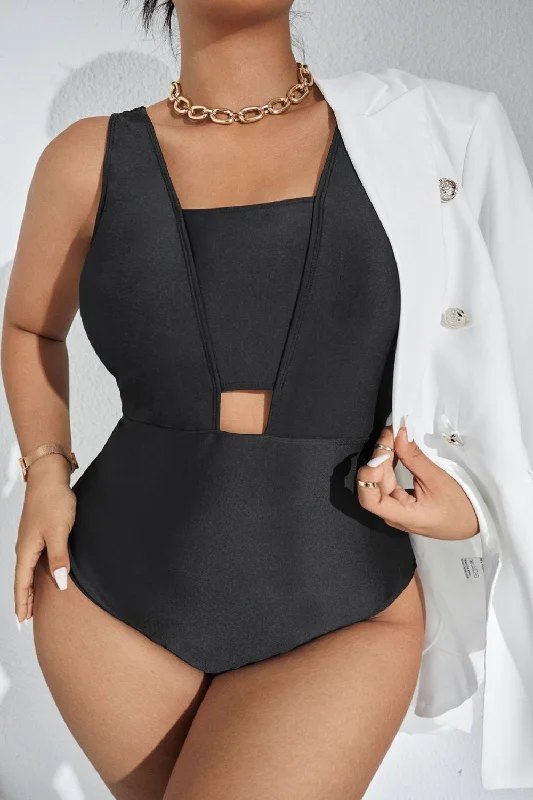 Plus Size Cutout Sleeveless One-Piece Swimsuit Bold Color Swimsuit