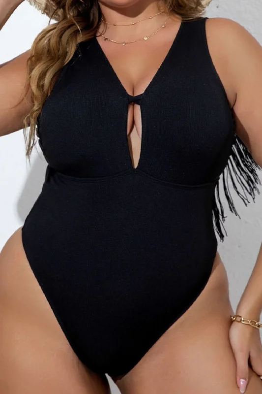 Plus Size Fringe Trim Open Back One-Piece Swimsuit Halter Top Bikini