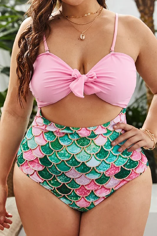 Plus Size Scale Print Cutout Spaghetti Strap One-Piece Swimsuit Ruffled Swimsuit Top