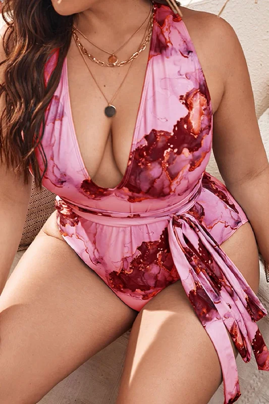 Plus Size Tie-Dye Crisscross Back Tie Waist One-Piece Swimsuit Vintage Swimwear Look