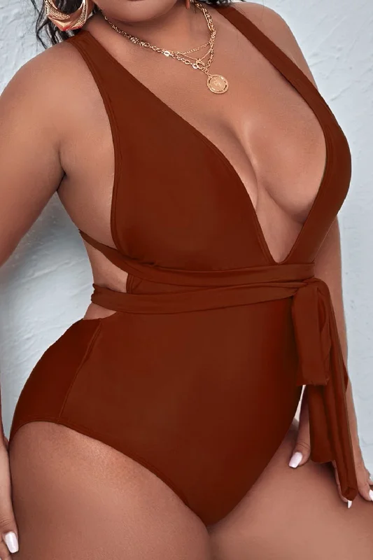 Plus Size Tie Waist Deep V Crisscross Back One-Piece Swimsuit Bold High-Cut Bikini