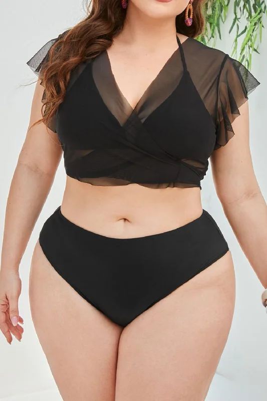 Plus Size Tied Flutter Sleeve Three-Piece Swimsuit Classic Monokini Design