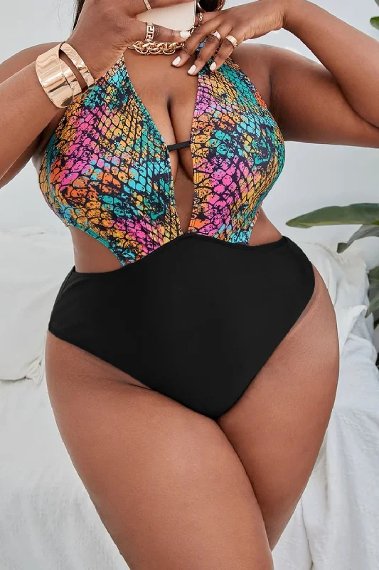 Plus Size Two-Tone Halter Neck Cutout One-Piece Swimsuit Comfortable Tankini Set