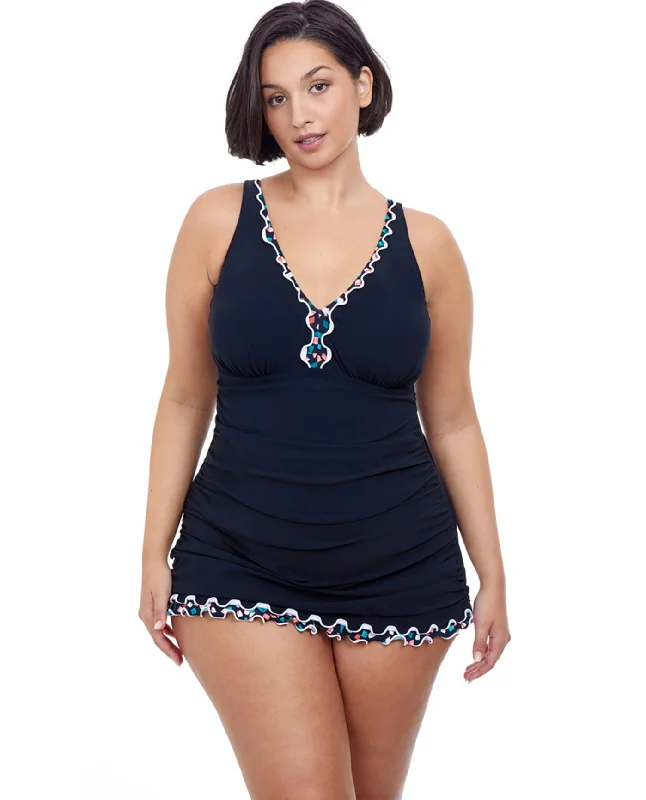 Profile By Gottex Gin Fizz Black Plus Size V-Neck Swimdress Plunge Back Swimsuit