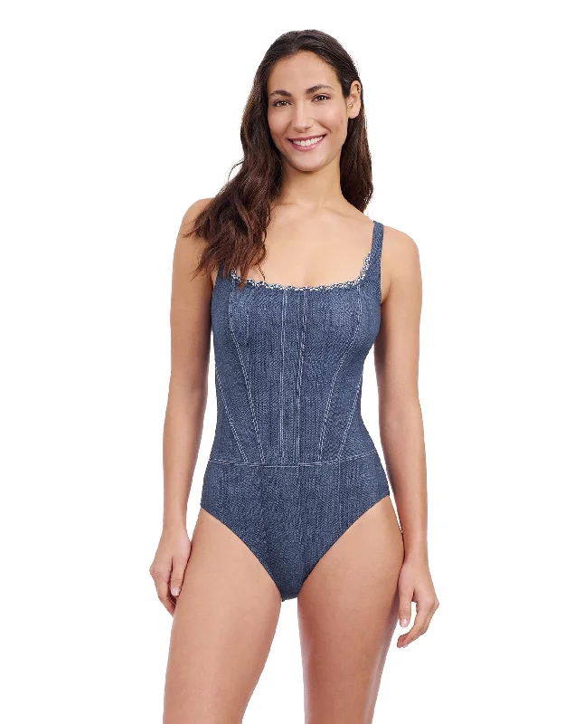 Profile By Gottex Isabelle Embroidered Square Neck One Piece Swimsuit Sleek Racerback Swimsuit