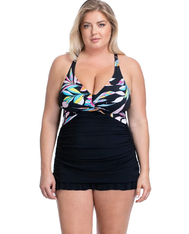 Profile By Gottex Paparazzi Black Plus Size Halter Cross Back Underwire Swimdress Tie-Back Swimwear