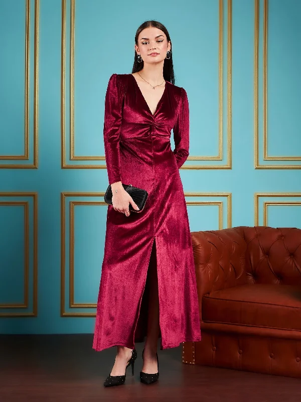 Women Maroon Velvet Front Twisted Maxi Dress Trendy Maxi Dress with Bow