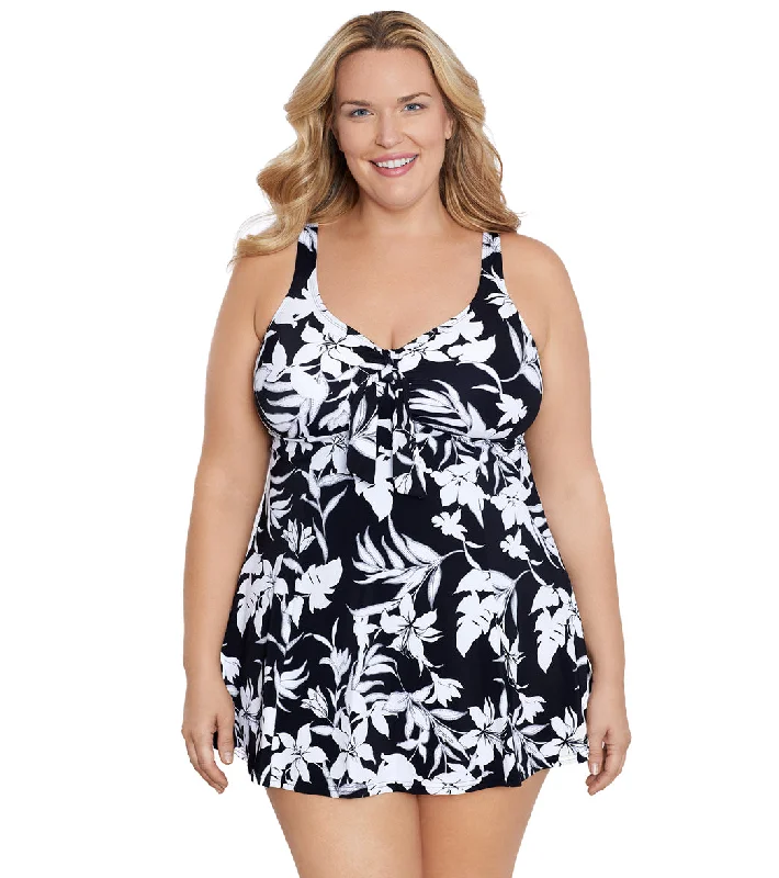 Shape Solver By Penbrooke Women's Plus  Night Shade Bow Front Swim Dress BlackWhite Quick-Dry Swimsuit