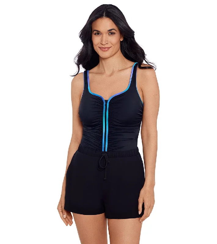 Shape Solver SPORT Women's Colorful Behavior Shirred Zipper Swim Romper Minimalist One-Piece