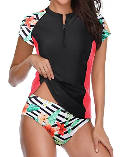 Short Sleeve Zipper Swimsuit Women's Two Piece Cap Sleeve Rash Guard Bathing Suit High-Waist Bikini Set