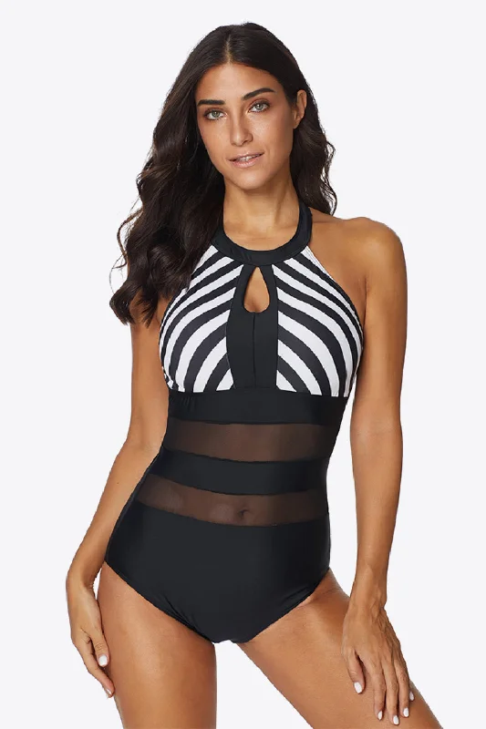 Striped Cutout Spliced Mesh Halter Neck One-Piece Swimsuit Elegant Halter Bikini