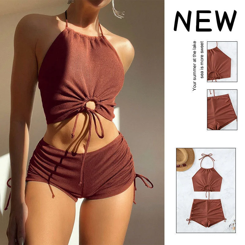 Summer Halter Neck Bikini Suit Fashion Drawstring Design Ins Style Swimsuit For Womens Clothing Bold Color Swimsuit