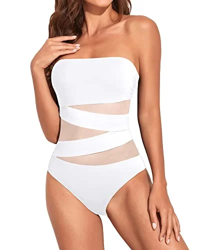 Ruched Women One Piece Bathing Suits Strapless Bandeau Swimwear-White Push-Up Bikini Top