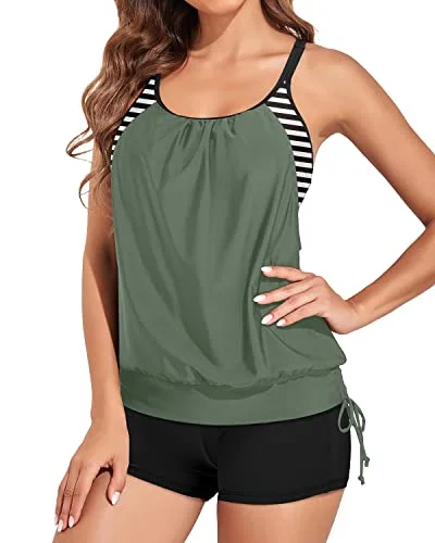 Push Up Women's Tummy Control Swimsuits With Sporty Boyshorts-Army Green Adjustable Strap Swimsuit