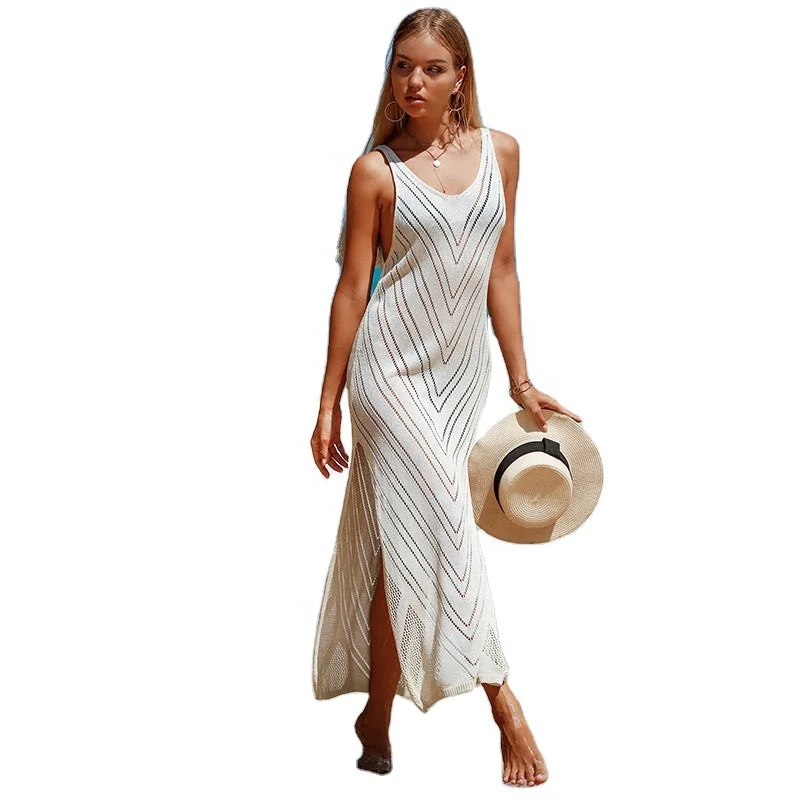 Wholesale Custom Sleeveless Knitted Long Dress Beachwear Swimsuit Bikini Cover up Crochet Dress Skirt Cross-Back Bikini