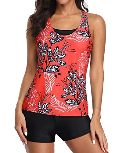 High Waisted Athletic Sports Bra Tankini Swimsuits For Women-Red Floral Retro-Inspired Bikini Set