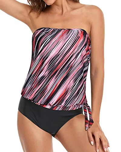 Tummy Control Bandeau Tankini Bathing Suits For Women-Pink Stripe Vibrant Bikini Design