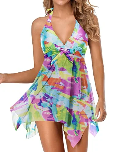 Backless Asymmetrical Handkerchief Swimdress For Women-Color Tie Dye Push-Up Swimsuit Top