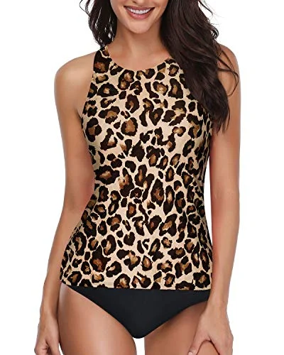 High Neck Tankini Bathing Suits For Women With Shorts-Black And Leopard Chic Swimsuit Cover-Up