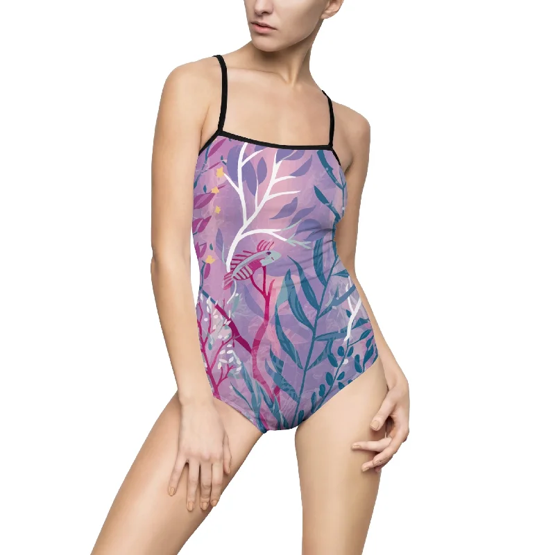 Women's One-piece Swimsuit - Purple Seaweed Sporty Swimwear Bottoms