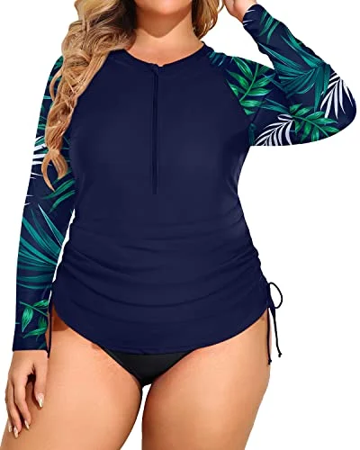 Half Zip Plus Size Two Piece Rash Guard Upf 50+ Swimsuit-Blue Leaf Ruffled Swimsuit Top