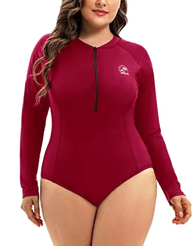 Plus Size One Piece Rash Guard For Women Long Sleeve Swimsuit Upf 50+-Red Reversible Bikini Set