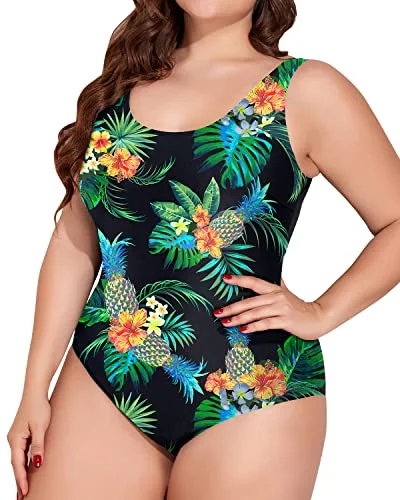 Crisscross Straps One Piece Swimsuit For Women Plus Size Sporty Swimwear-Black Pineapple Crisscross Back Swimsuit