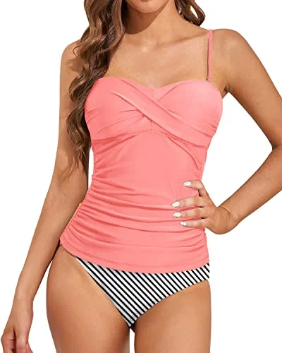 Comfortable And Stylish Bandeau Tankini Swimwear-Coral Pink Stripe Reversible Bikini Set