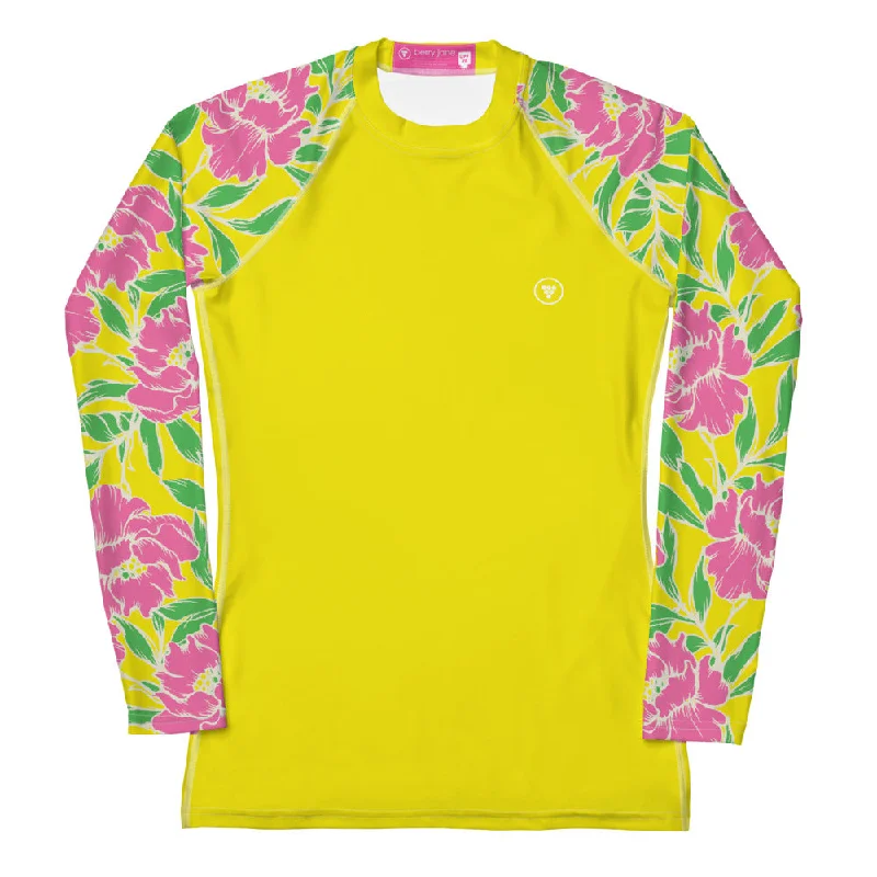 Women's UPF 50+ Yellow Rash Guard, Swim Shirt - Pink Peonies Fun Pattern Swimsuit