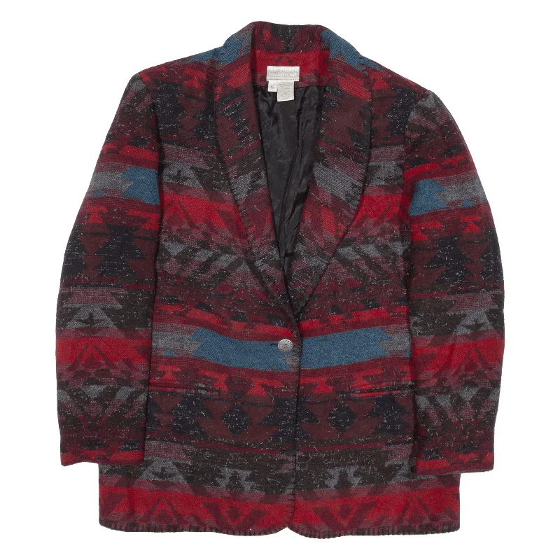 COLDWATER CREEK Blazer Knit Jacket Red Wool Fair Isle Womens L Hoodie Zip-Up Jacket Button-Up Jacket