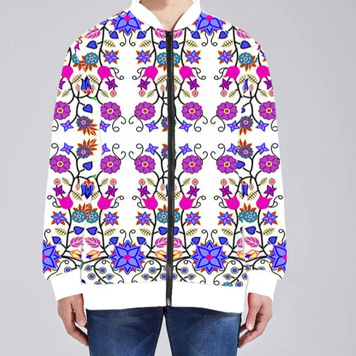 Floral Beadwork Seven Clans White Unisex Collar Zipper Jacket Nylon Jacket Polyester Jacket Spandex Jacket