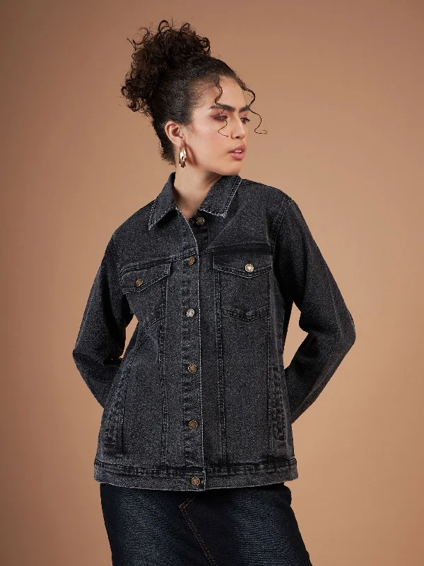 Lyush Women Black Washed Denim Oversized Jacket Front Pockets Side Pockets Patch Pockets