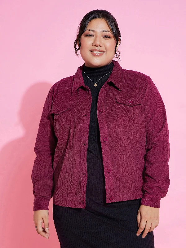 Lyush Women Burgundy Corduroy Button Jacket A-Line Jacket Boat Neck Shawl Collar