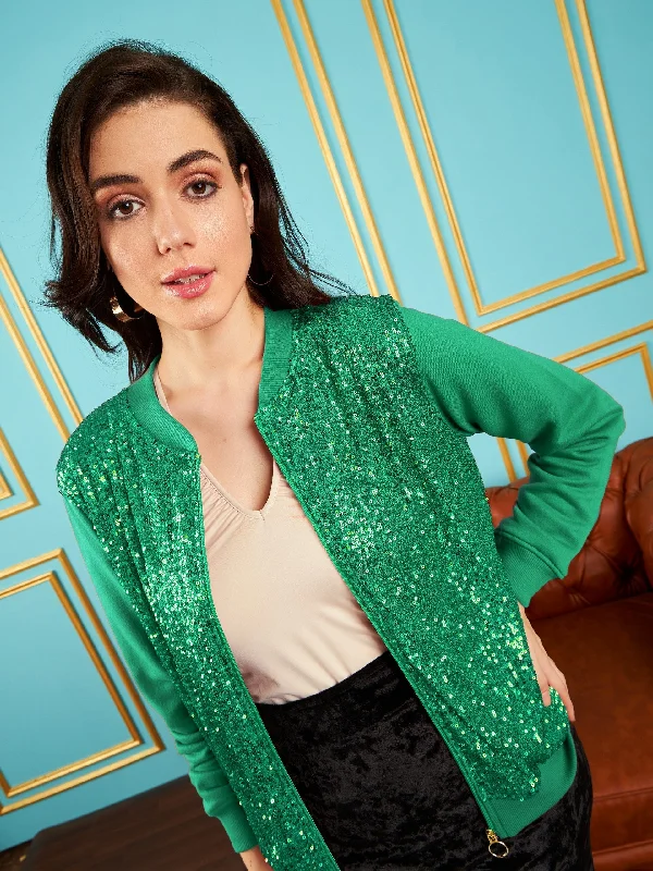 Lyush Women Green Sequin Jacket One-Shoulder Jacket Off-the-Shoulder Jacket Asymmetrical Jacket