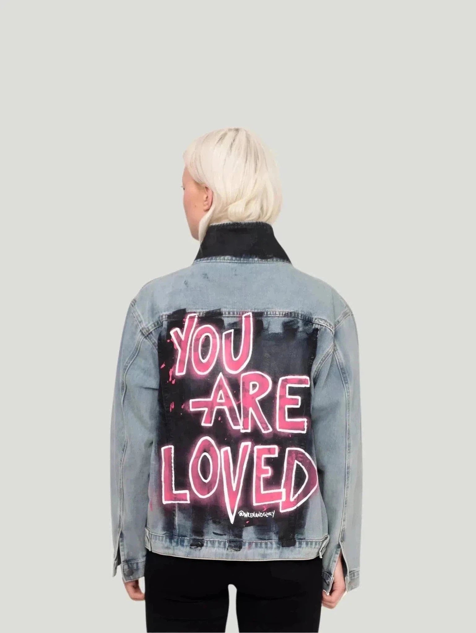 Wren + Glory '4EVA LOVED' Hand Painted Denim Jacket Insulated Jacket Fitted Jacket Loose Jacket